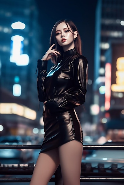 A woman in a black leather dress stands on a railing in front of a city street.