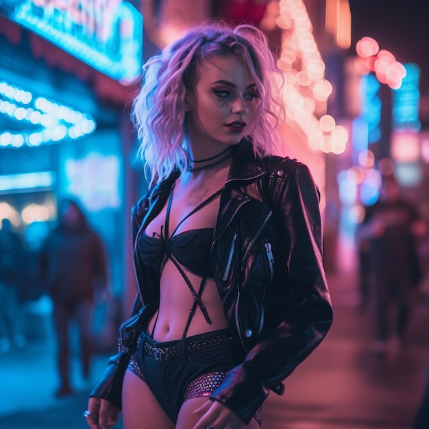 A woman in a black leather jacket is standing in front of a neon sign