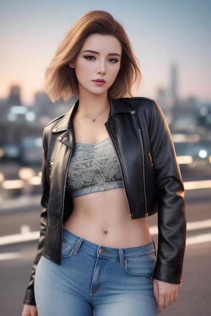 A woman in a black leather jacket and jeans stands on a rooftop