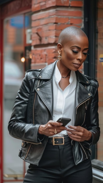 A woman in a black leather jacket looking intently at her cell phone screen