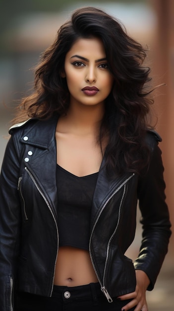 Woman In Black Leather Jacket Posing For A Picture