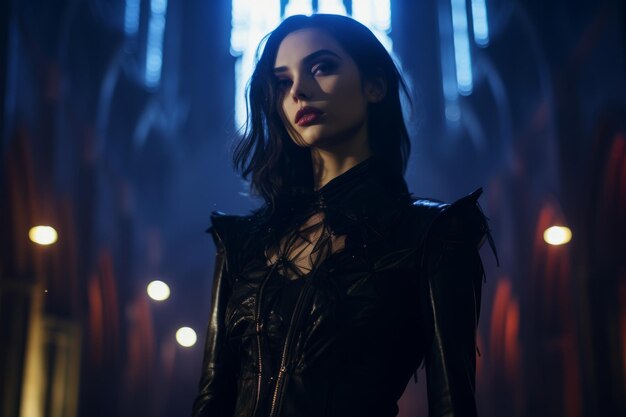 A woman in a black leather jacket standing in a dark church