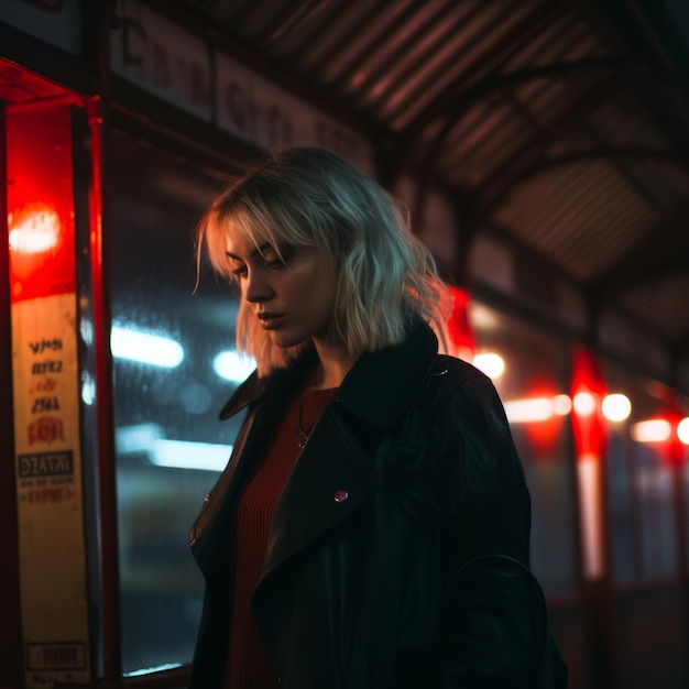 Premium AI Image | a woman in a black leather jacket standing in front ...