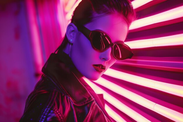 Photo a woman in a black leather jacket and sunglasses poses for a photo with creative neon pink lighting