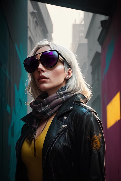 A woman in a black leather jacket and sunglasses stands in a alley