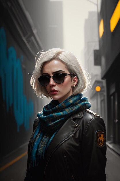 A woman in a black leather jacket and sunglasses stands in a dark alley