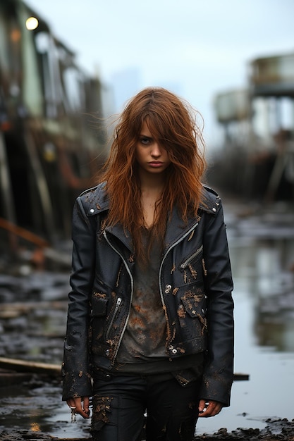 a woman in a black leather jacket