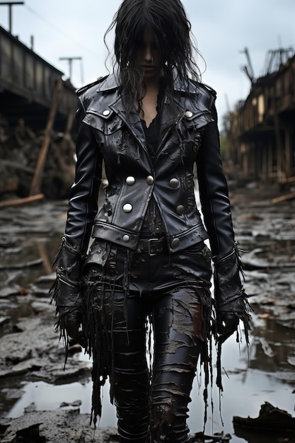 a woman in a black leather jacket