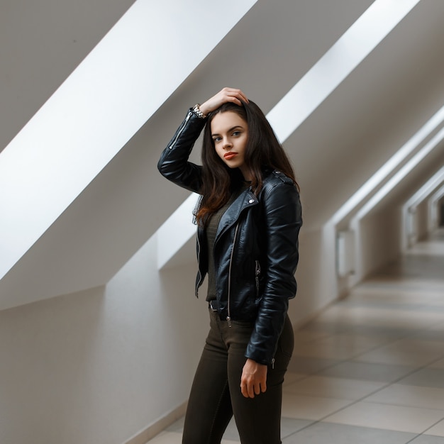 Woman in a black leather jacket