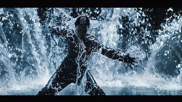 Photo a woman in a black leather outfit is dancing in a fountain she is surrounded by water and looks like she is having a lot of fun