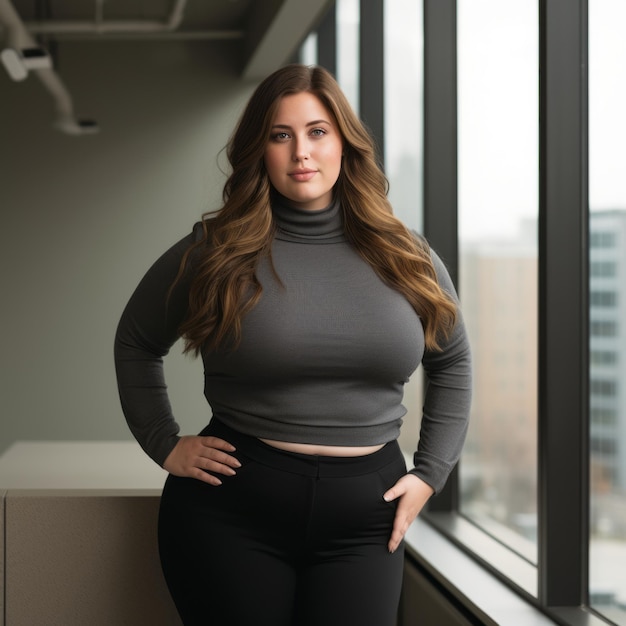 Photo a woman in black leggings and a turtle neck sweater