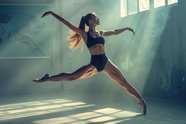 A woman in a black leotard is dancing