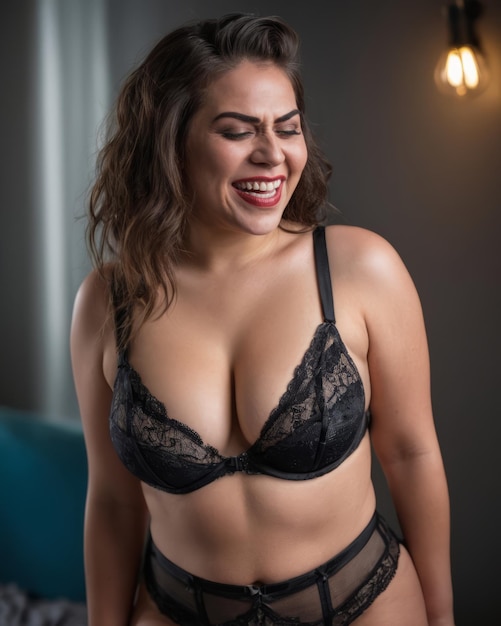 A woman in black lingerie smiling and laughing