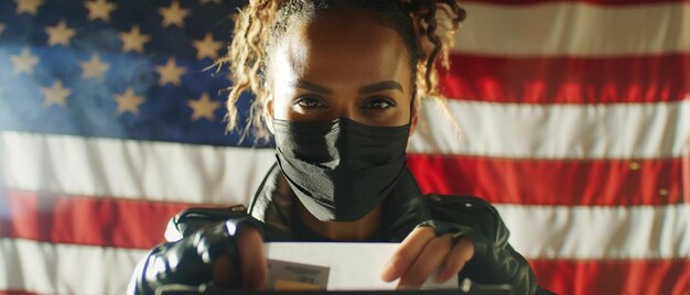 Photo a woman in a black mask holding a piece of paper in front of an american