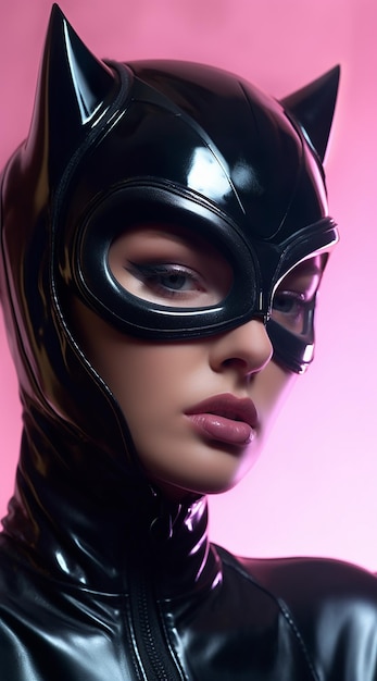 a woman in a black mask with a pink background.
