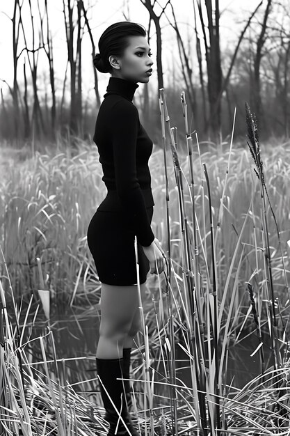 a woman in a black outfit stands in a field of tall grass