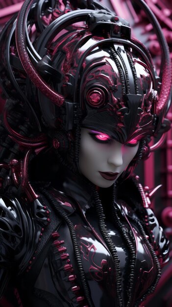 a woman in black and pink armor with glowing eyes