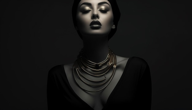 Photo a woman in black posing with wearing luxury gold jewelry style of hyperrealistic and fashionable