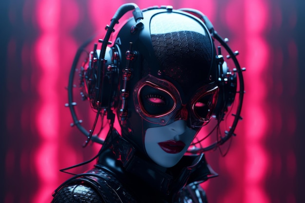 a woman in black and red makeup with headphones on her head