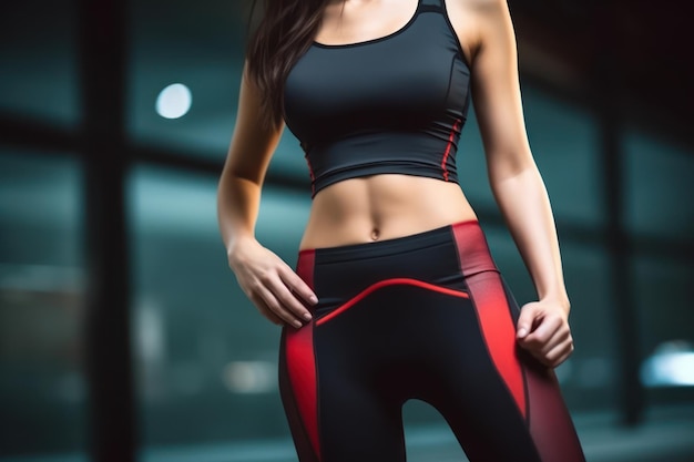 A woman in a black and red sportswear is standing in a gym.