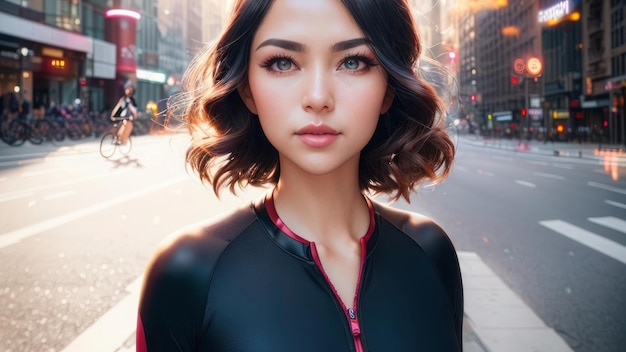 A woman in a black and red superhero outfit stands in a street.