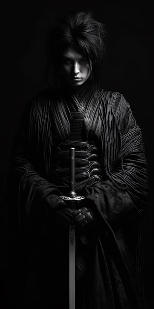 A woman in a black robe holds a sword in her hands.