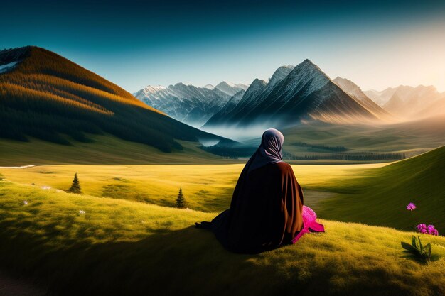 A woman in a black robe sits in a field with mountains in the background.