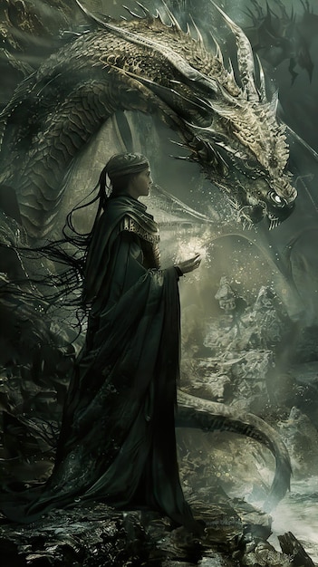 a woman in a black robe stands in front of a dragon