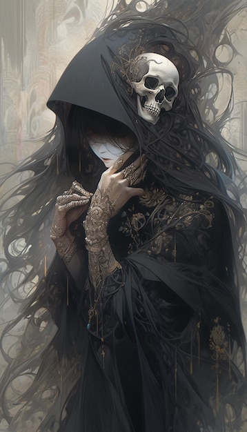 A woman in a black robe with a skull on her face.