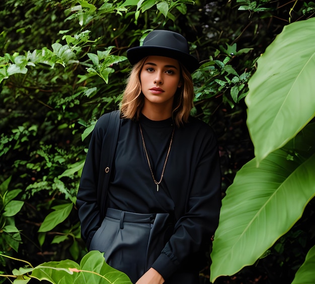 A woman in a black shirt and a black hat sits in a forest.