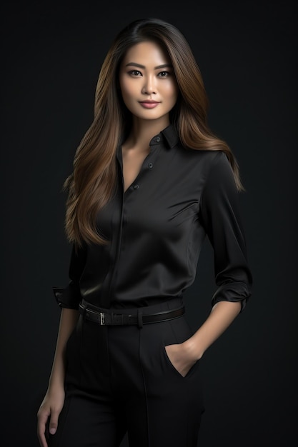 A woman in a black shirt and black pants stands in a dark room.