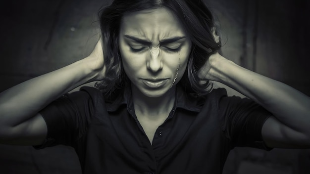 Woman in black shirt has headache or crying