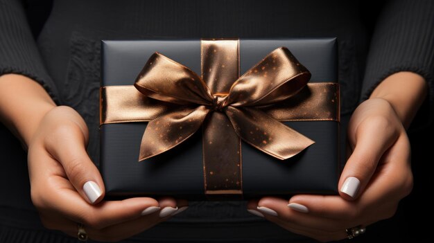 Photo woman in a black shirt holds a gift with a gold ribbon black gift box in hand black friday concept