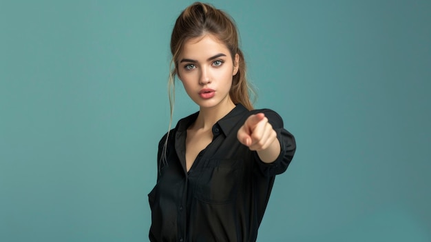 Woman in Black Shirt Pointing at Camera