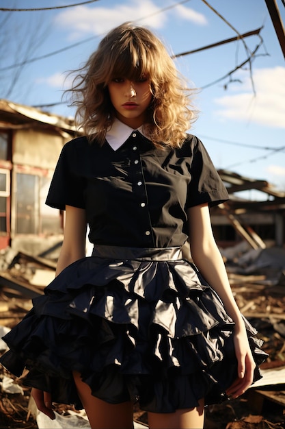 Photo a woman in a black shirt and ruffled skirt