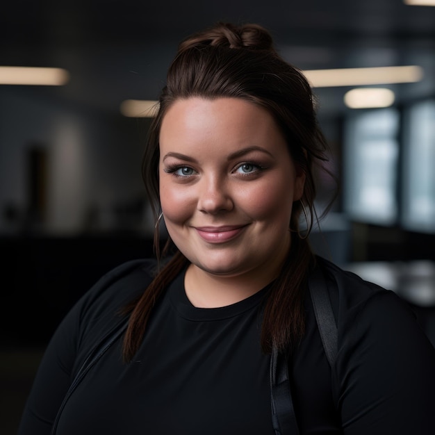 a woman in a black shirt smiling at the camera