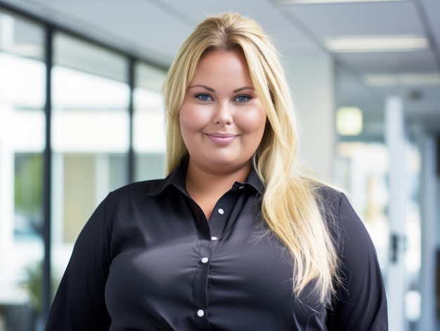 a woman in a black shirt standing in an office