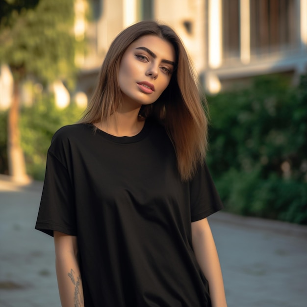 A woman in a black shirt stands on a street