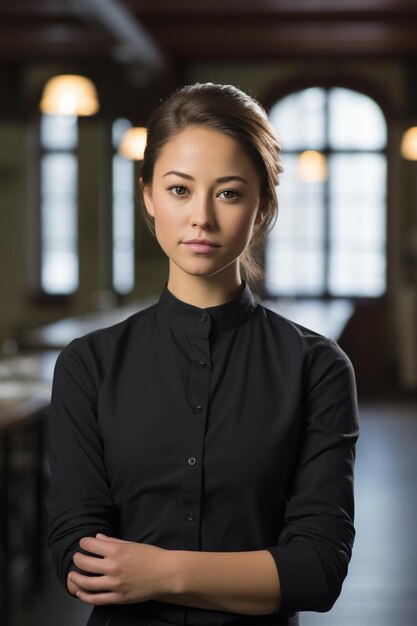 Photo a woman in a black shirt with the word  on it