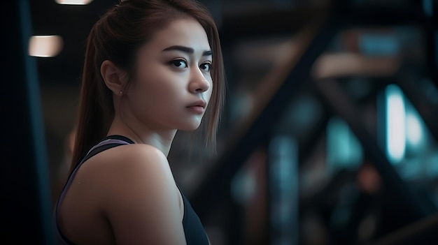 A woman in a black sports top and black tank top stands in a dark room with a dark background.