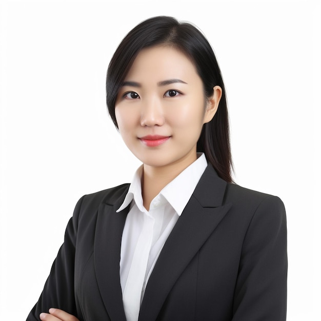 A woman in a black suit is posing for a photo.