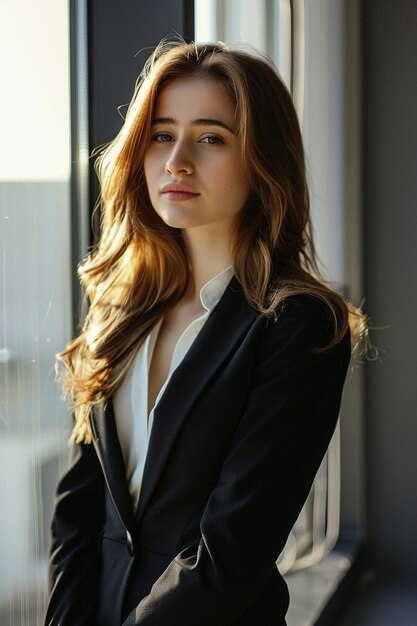 a woman in a black suit is standing in front of a window