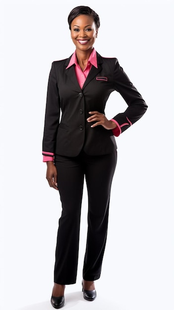 a woman in a black suit and pink shirt