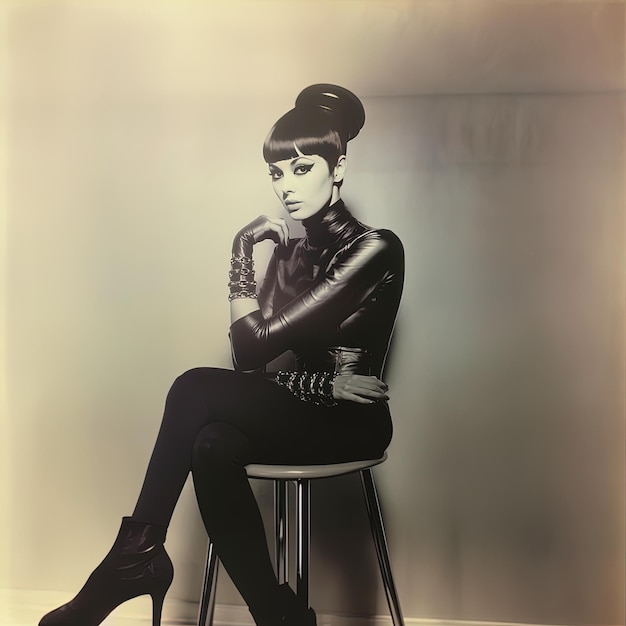 Photo a woman in a black suit sits on a chair in front of a wall