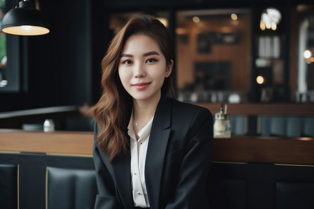 A woman in a black suit sits in a restaurant.