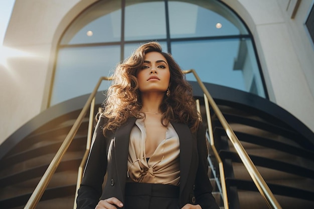 a woman in a black suit standing in front of a staircase