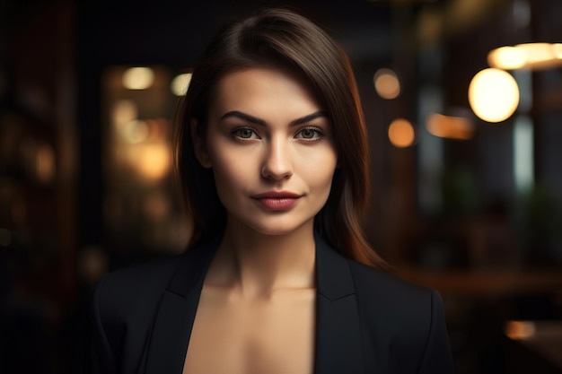 A woman in a black suit stands in a dark room with a light on the wall behind her.