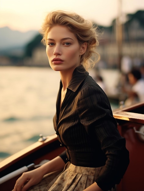 a woman in a black suit stands in front of a boat with a red boat in the background.