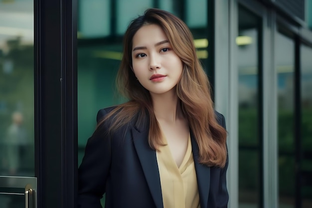 A woman in a black suit stands in front of a glass door.