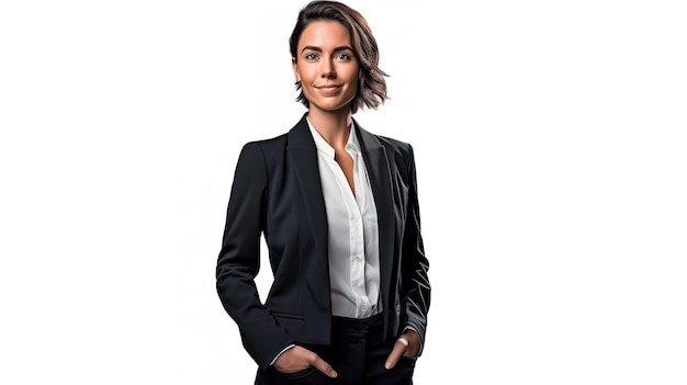 Premium AI Image  A woman in a black suit stands in front of a white  background.